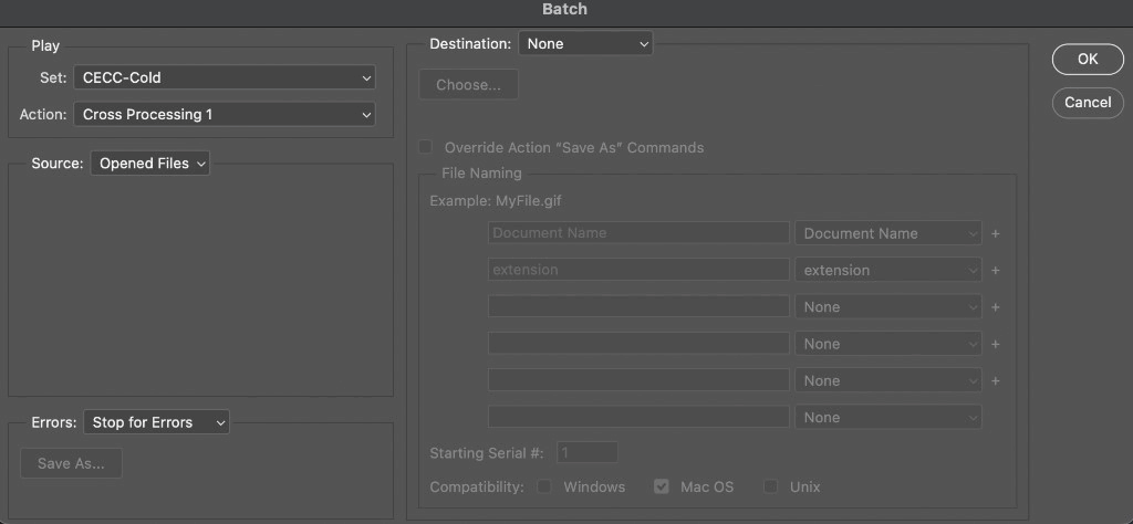 Photoshop Batch dialog with Source set to Opened Files and Destination set to None