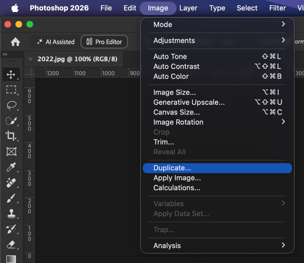 Photoshop Image menu with Duplicate selected to duplicate an open file