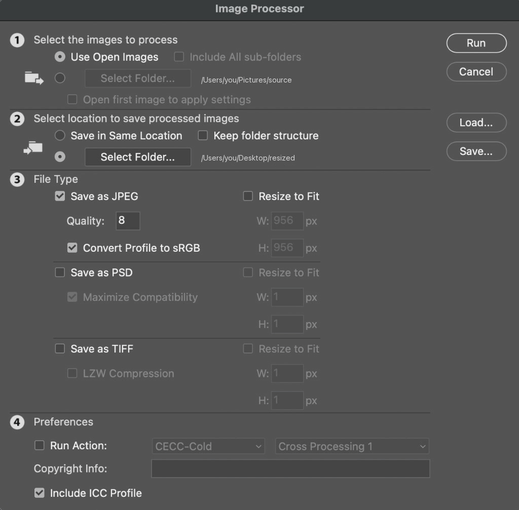 Photoshop Image Processor set to Use Open Images and Save as JPEG