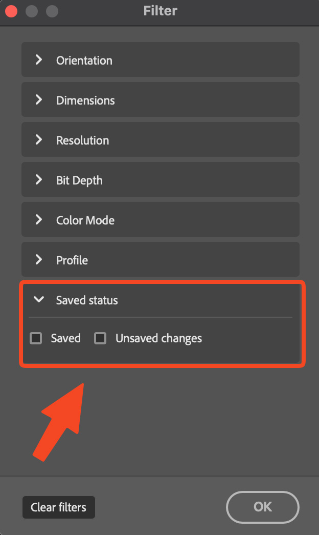 Filter open documents by saved status in the filter dialog