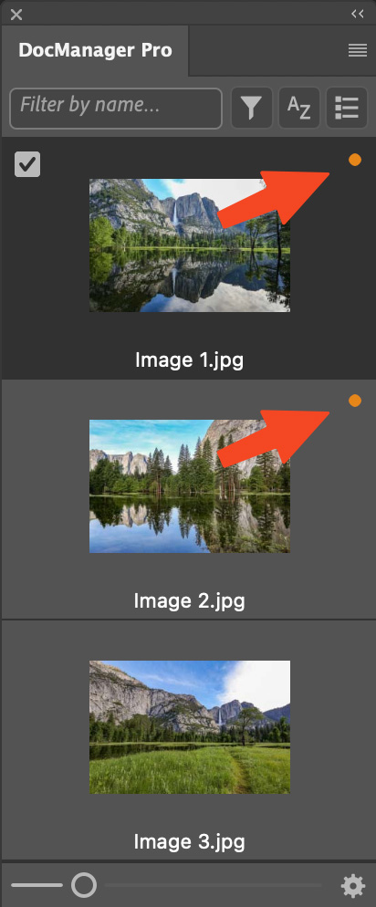 Documents with unsaved changes marked by a dot on the tile