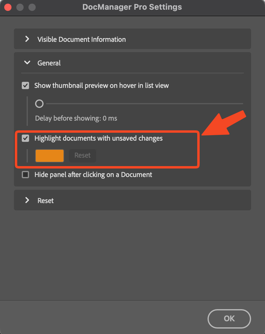 Enable or disable the unsaved-changes indicator and change the dot color in Settings